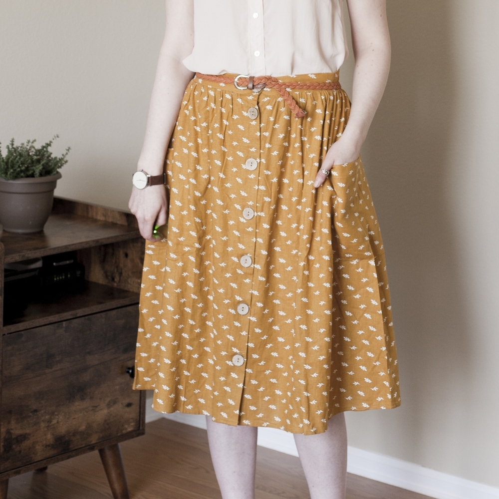 Mustard Yellow Leaf Print Linen Blend Skirt